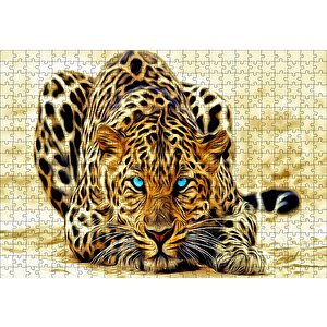 Mavi Gözlü Leopar İllüstrasyon Puzzle Yapboz Mdf Ahşap 500 Parça
