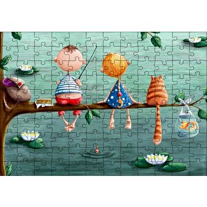 Dalda Balık Tutan Çocuklar Ve Kedi İllüstrasyon Puzzle Yapboz Mdf Ahşap 120 Parça