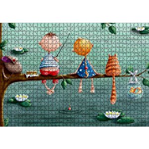 Dalda Balık Tutan Çocuklar Ve Kedi İllüstrasyon Puzzle Yapboz Mdf Ahşap 1000 Parça