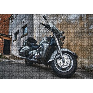 Eski Binalar Ve Harley Davidson Puzzle Yapboz Mdf Ahşap 1000 Parça