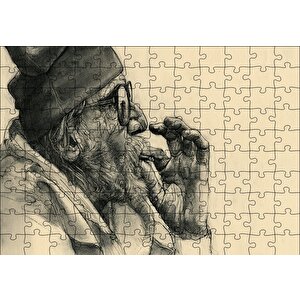 Sigara İçen Gözlüklü İhtiyar Puzzle Yapboz Mdf Ahşap 120 Parça