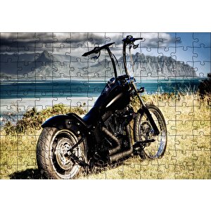 Siyah Chopper Motorsiklet Deniz Ve Dağlar Puzzle Yapboz Mdf Ahşap 120 Parça