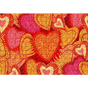 Sarı Kırmızı Kalpler Çizim Puzzle Yapboz Mdf Ahşap 255 Parça