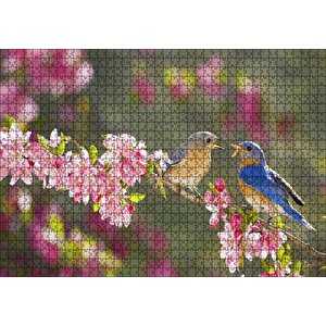 Kiraz Çiçekli Dalda Dişisini Besleyen Sevimli Kuş Puzzle Yapboz Mdf Ahşap 1000 Parça