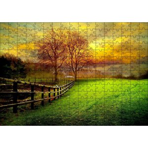 Manzara Çitler Ağaçlar Bulutlu Sarı Gökyüzü Puzzle Yapboz Mdf Ahşap 255 Parça