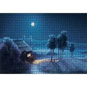 Ay Gecesi Yalnız Ev Ağaçlar Görseli Puzzle Yapboz Mdf Ahşap 1000 Parça