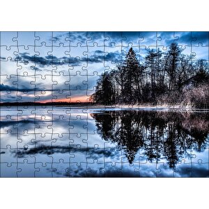 Kıpırtısız Göl Ağaçlar Ve Bulutlu Gökler Puzzle Yapboz Mdf Ahşap 120 Parça
