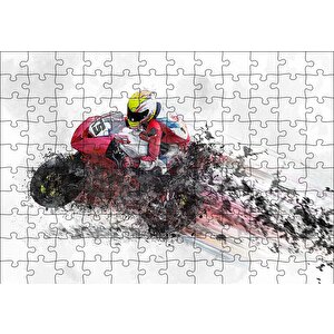 Kırmızı Yarış Motoru Dijital Çizim Puzzle Yapboz Mdf Ahşap 120 Parça