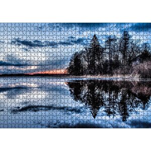 Kıpırtısız Göl Ağaçlar Ve Bulutlu Gökler Puzzle Yapboz Mdf Ahşap 1000 Parça