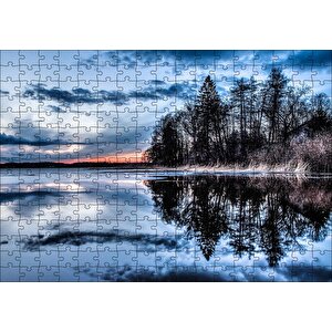 Kıpırtısız Göl Ağaçlar Ve Bulutlu Gökler Puzzle Yapboz Mdf Ahşap 255 Parça