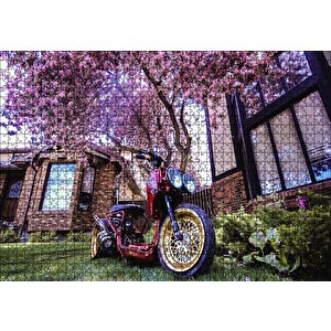 Bahçe Pembe Çiçekli Ağaç Ve Modifiyeli Motorsiklet Puzzle Yapboz Mdf Ahşap 1000 Parça