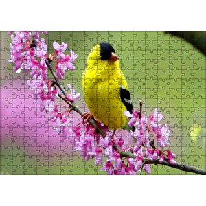 Pembe Çiçekli Dalda Sarı Siyah Kuş Puzzle Yapboz Mdf Ahşap 255 Parça