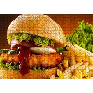 Burger Patates Kızartması Ve Ketçap Puzzle Yapboz Mdf Ahşap 500 Parça