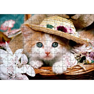 Sepette Şapkalı Yavru Kedi Ve Çiçekler Puzzle Yapboz Mdf Ahşap 120 Parça