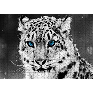 Kar Leoparı Ve Mavi Gözleri Puzzle Yapboz Mdf Ahşap 500 Parça