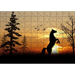 Şahlanan At Kuşlar Ağaçlar Ve Gün Batımı Puzzle Yapboz Mdf Ahşap 120 Parça