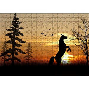 Şahlanan At Kuşlar Ağaçlar Ve Gün Batımı Puzzle Yapboz Mdf Ahşap 255 Parça