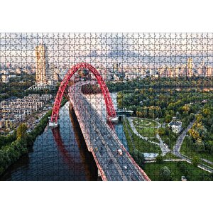 Şehir Ağaçlar Nehir Ve Kırmızı Köprü Puzzle Yapboz Mdf Ahşap 1000 Parça