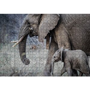 Yetişkin Fil Ve Yavrusu Puzzle Yapboz Mdf Ahşap 500 Parça