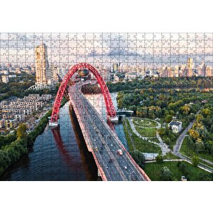 Şehir Ağaçlar Nehir Ve Kırmızı Köprü Puzzle Yapboz Mdf Ahşap 500 Parça