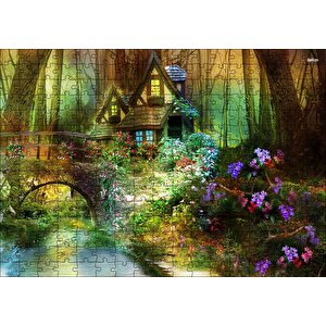 Ormandaki Sevimli Kulübe Köprü Ve Çiçekler Puzzle Yapboz Mdf Ahşap 255 Parça