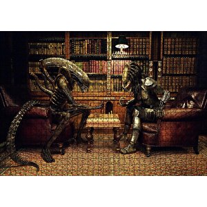 Satranç Oynayan Alien Ve Avcı Puzzle Yapboz Mdf Ahşap 1000 Parça