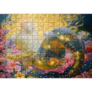 Altın Saçlı Deniz Kızı Çiçekler Ve Küçük Japon Balığı Puzzle Yapboz Mdf Ahşap 255 Parça