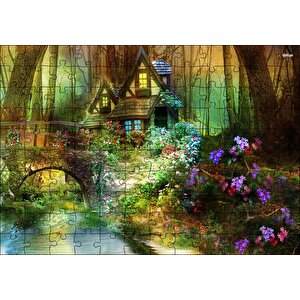 Ormandaki Sevimli Kulübe Köprü Ve Çiçekler Puzzle Yapboz Mdf Ahşap 120 Parça