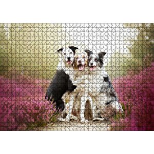 Gülerek Poz Veren Sevimli Köpekler Ve Çiçekler Puzzle Yapboz Mdf Ahşap 1000 Parça