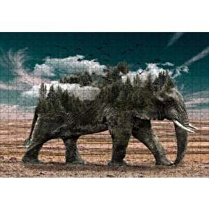 Ormanları Ve Bulutları Barındıran Fil Puzzle Yapboz Mdf Ahşap 500 Parça