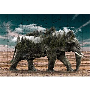 Ormanları Ve Bulutları Barındıran Fil Puzzle Yapboz Mdf Ahşap 120 Parça