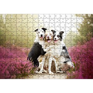 Gülerek Poz Veren Sevimli Köpekler Ve Çiçekler Puzzle Yapboz Mdf Ahşap 255 Parça