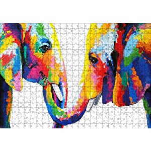 Gökkuşağı Filler Suluboya Mozaik Suluboya Puzzle Yapboz Mdf Ahşap 500 Parça