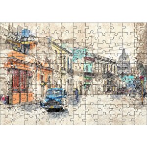 Küba Sokak Manzarası Çizim Puzzle Yapboz Mdf Ahşap 120 Parça