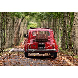 Ağaçlı Yol Yapraklar Ve Kırmızı Fiat Bis Puzzle Yapboz Mdf Ahşap 255 Parça