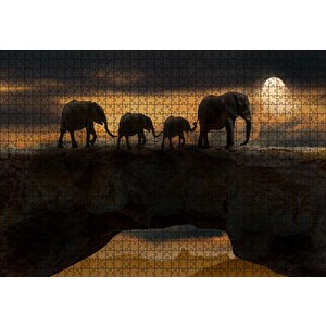 Fil Ailesi Dolunay Ve Bulutlar Puzzle Yapboz Mdf Ahşap 1000 Parça