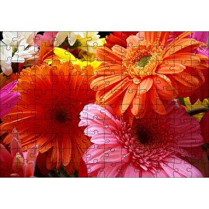 Gerbera Çiçekleri Turunculu Pembeli Puzzle Yapboz Mdf Ahşap 120 Parça