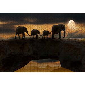 Fil Ailesi Dolunay Ve Bulutlar Puzzle Yapboz Mdf Ahşap 500 Parça