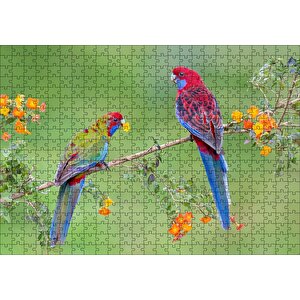 Çiçekli Dal Üzerindeki Renkli Papağanlar Puzzle Yapboz Mdf Ahşap 500 Parça