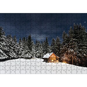 Karlı Ağaçlar Açık Gökyüzü Ve Orman Kulübesi Puzzle Yapboz Mdf Ahşap 255 Parça