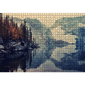 Karlı Dağlar Göl Ve Sonbahar Ağaçları Puzzle Yapboz Mdf Ahşap 1000 Parça