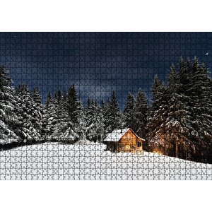 Karlı Ağaçlar Açık Gökyüzü Ve Orman Kulübesi Puzzle Yapboz Mdf Ahşap 1000 Parça