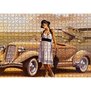 Antika Araba Uçak Ve Beyaz Elbiseli Kadın Puzzle Yapboz Mdf Ahşap 500 Parça