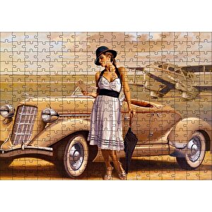 Antika Araba Uçak Ve Beyaz Elbiseli Kadın Puzzle Yapboz Mdf Ahşap 255 Parça