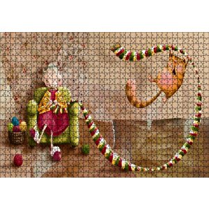 Atkı Ören Yaşlı Kadın Ve Oynayan Kedisi Puzzle Yapboz Mdf Ahşap 1000 Parça