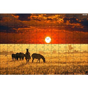 Afrikada Gün Batımındaki Zebralar Puzzle Yapboz Mdf Ahşap 120 Parça