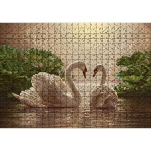 Altın Rengi Sularda Beyaz Kuğu Çifti Puzzle Yapboz Mdf Ahşap 500 Parça