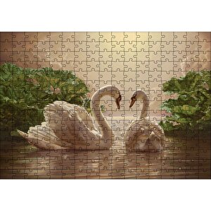 Altın Rengi Sularda Beyaz Kuğu Çifti Puzzle Yapboz Mdf Ahşap 255 Parça