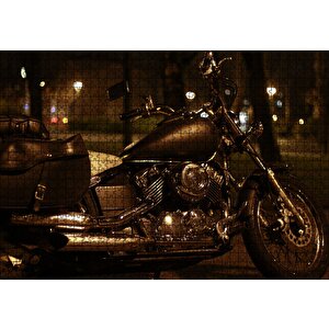 Gece Işıkları Altında Siyah Chopper Motorsiklet Puzzle Yapboz Mdf Ahşap 1000 Parça