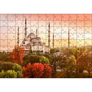 Günbatımında İstanbul Camisi Ve Sonbahar Renkleri Puzzle Yapboz Mdf Ahşap 120 Parça